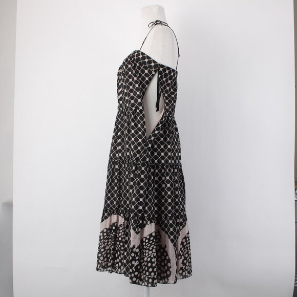 Tocca Dress Sz 4 Black Tan Ruffled Lined Fit Flare Cotton Silk Dress - Picture 3 of 16